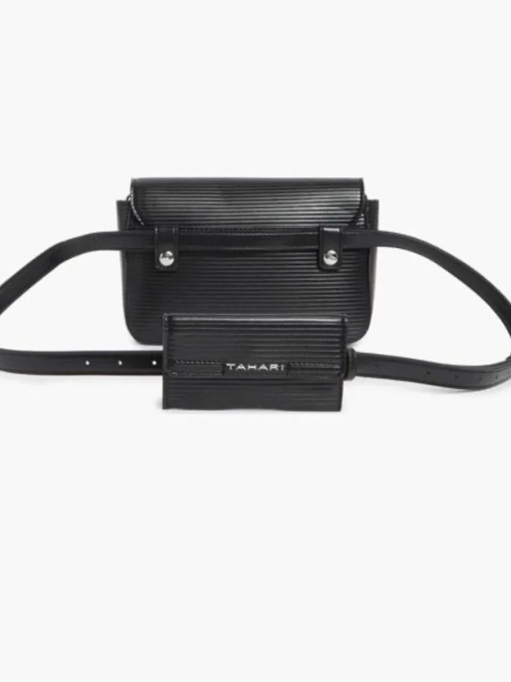 Tahari Essex St Sling Bag Small Black Emboss Stripe Faux Leather Belt